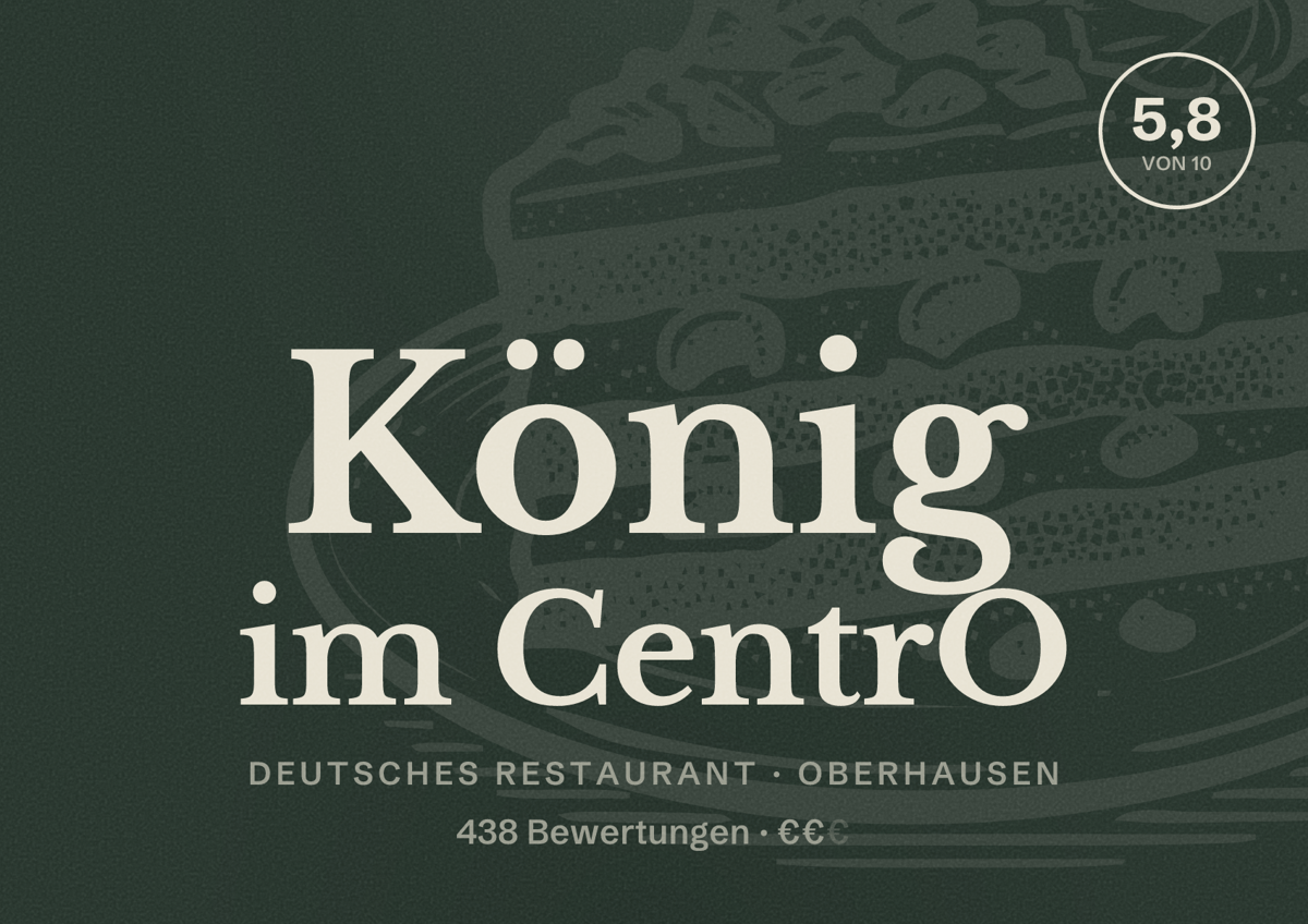 Illustriertes Poster von König im CentrO, Deutsches Restaurant in Oberhausen: Bewertung 5,8 von 10 aus 438 Bewertungen, Preisniveau €€