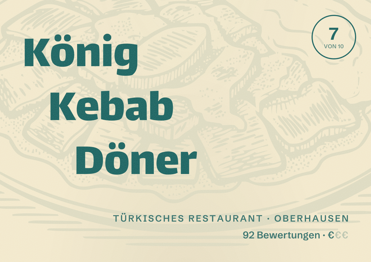 Illustriertes Poster von König Kebab Döner, Türkisches Restaurant in Oberhausen: Bewertung 7 von 10 aus 92 Bewertungen, Preisniveau €
