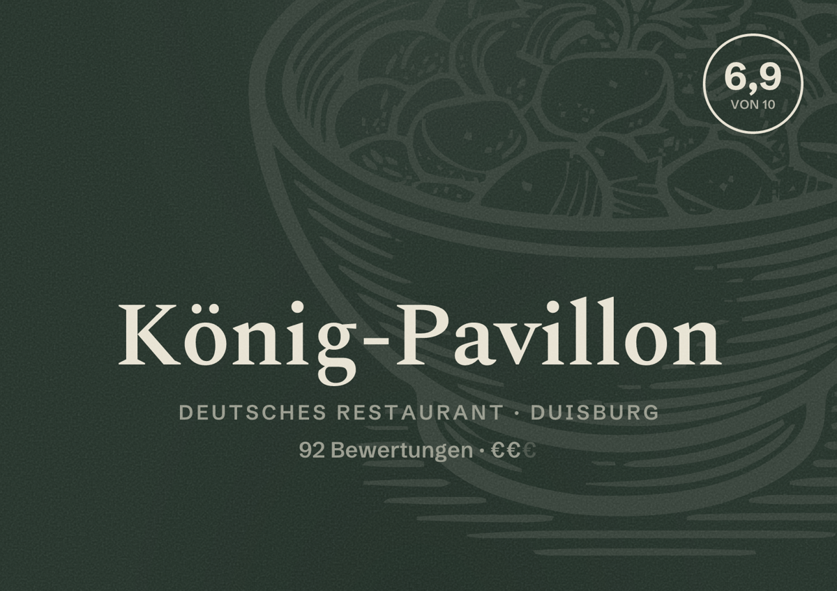 Illustriertes Poster von König-Pavillon, Deutsches Restaurant in Duisburg: Gästebewertung 6,9 von 10 aus 92 Bewertungen