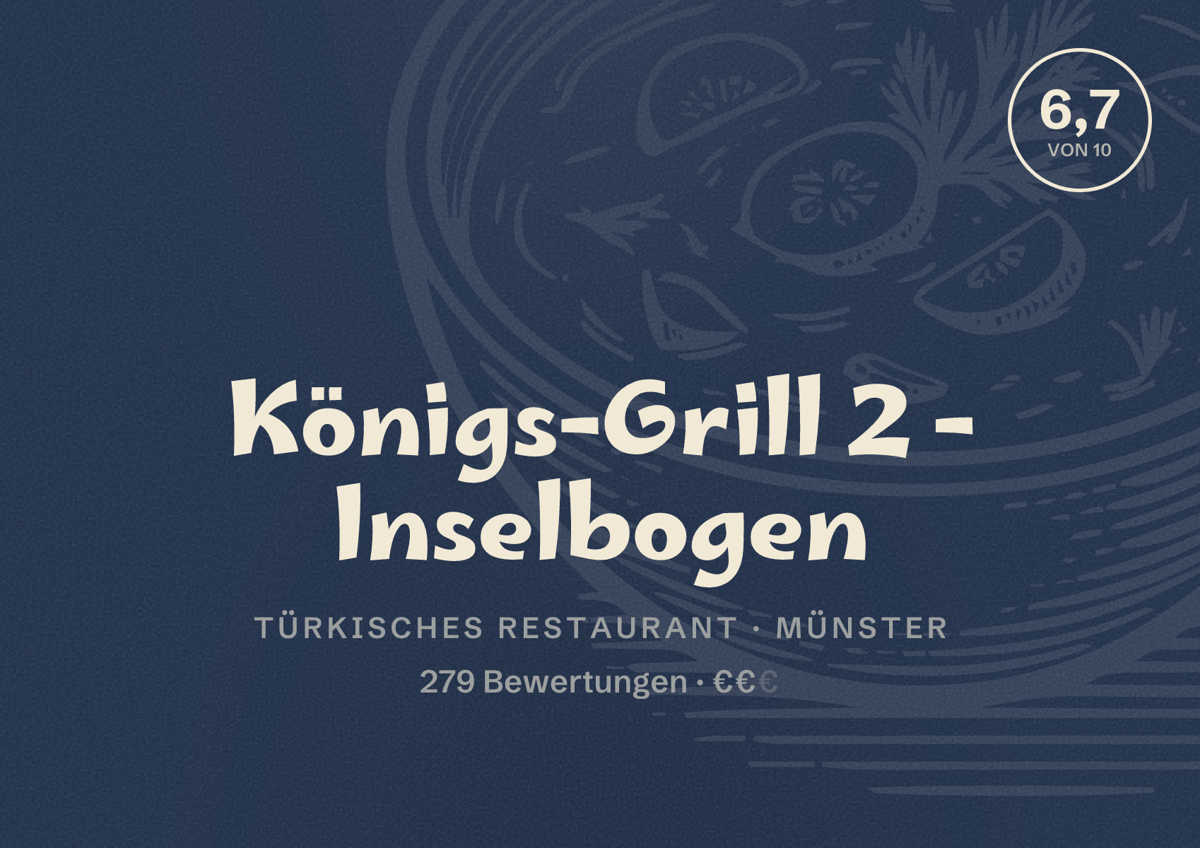 Illustriertes Poster von Königs-Grill 2 - Inselbogen, Türkisches Restaurant in Münster: Bewertung 6,7 von 10 aus 279 Bewertungen, Preisniveau €€