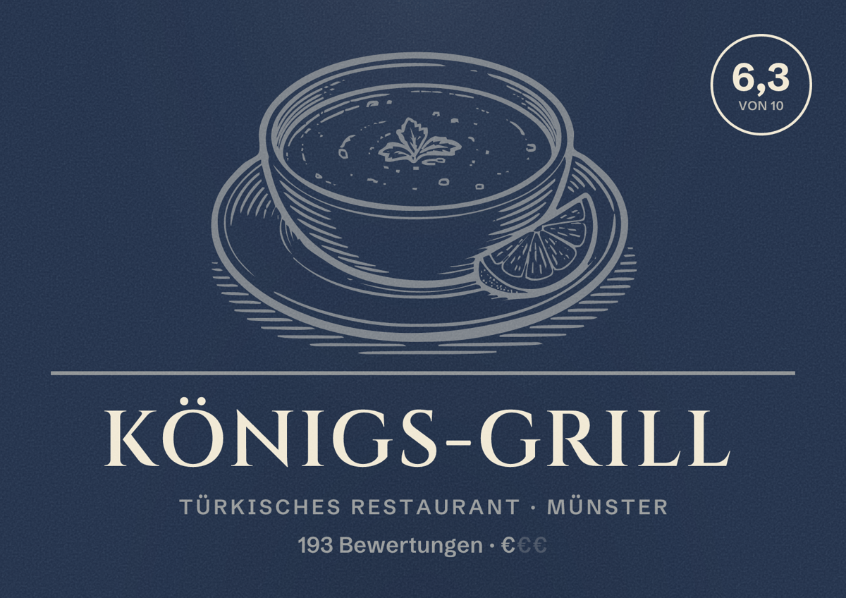 Illustriertes Poster von Königs-Grill, Türkisches Restaurant in Münster: Gästebewertung 6,3 von 10 aus 193 Bewertungen