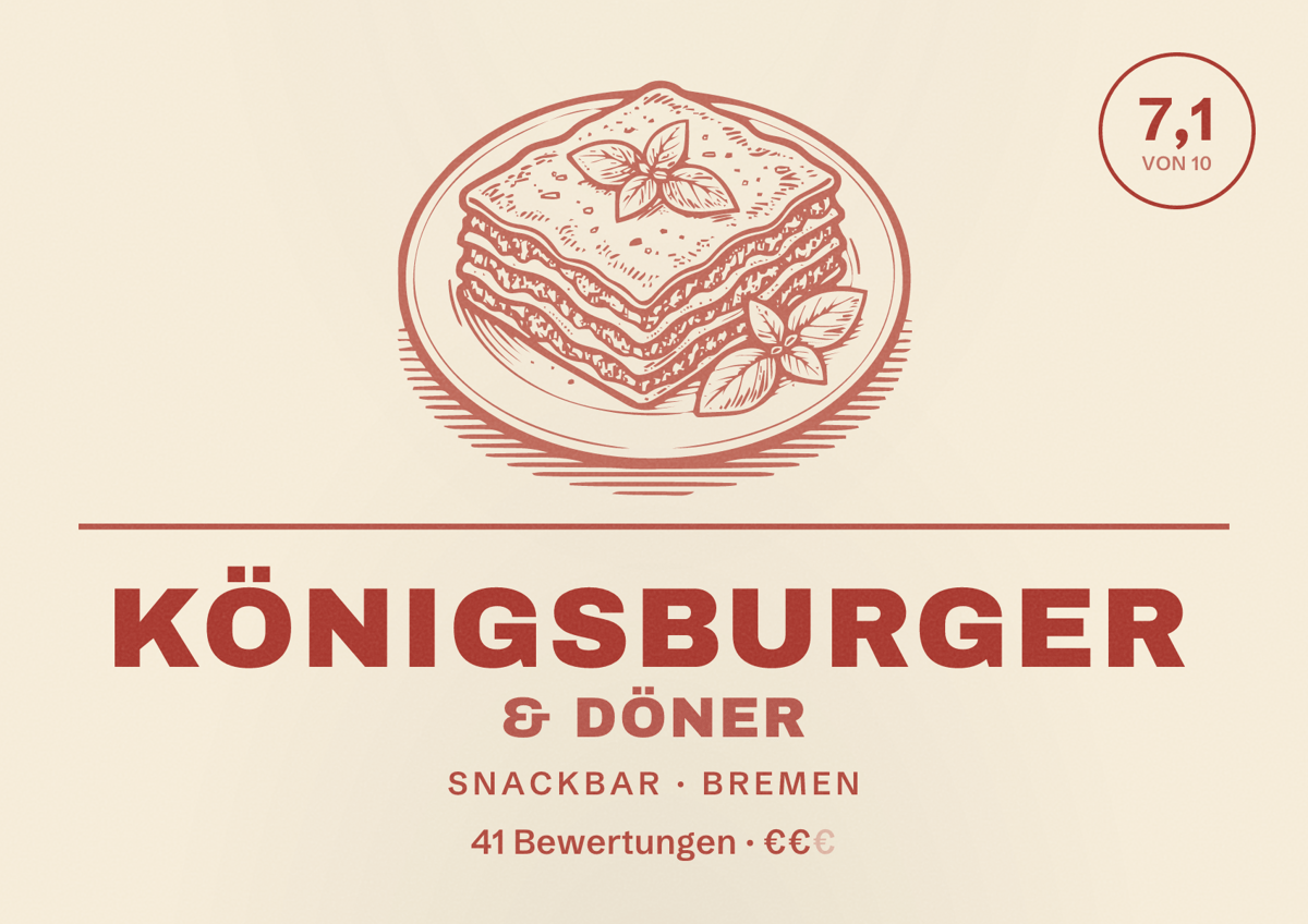 Illustriertes Poster von Königsburger & Döner, Snackbar in Bremen: Bewertung 7,1 von 10 aus 41 Bewertungen, Preisniveau €€
