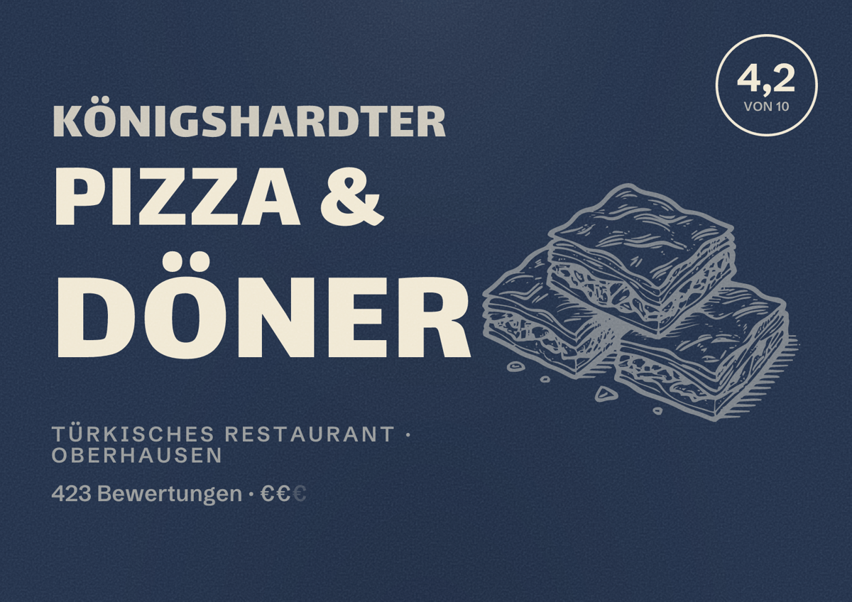 Illustriertes Poster von Königshardter Pizza & Döner, Türkisches Restaurant in Oberhausen: Bewertung 4,2 von 10 aus 423 Bewertungen, Preisniveau €€