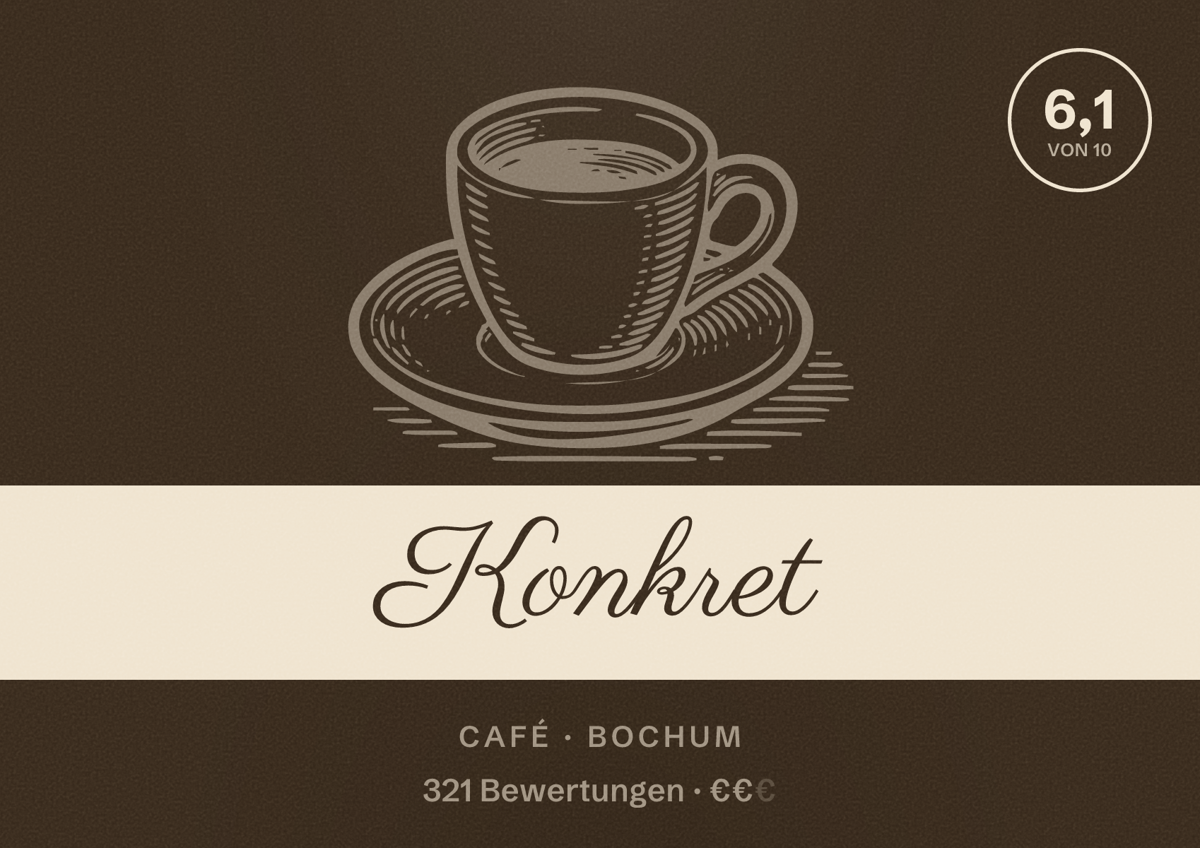 Illustriertes Poster von Konkret, Café in Bochum: Bewertung 6,1 von 10 aus 321 Bewertungen, Preisniveau €€