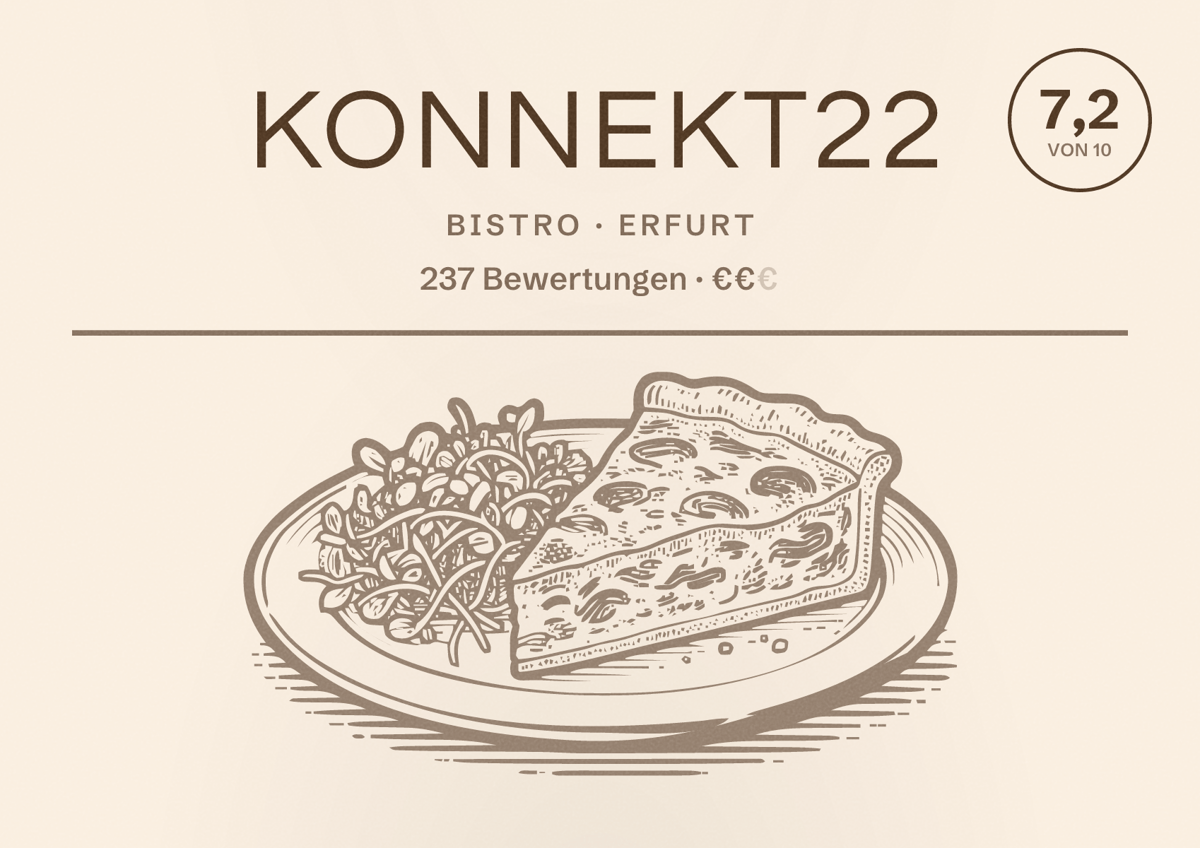 Illustriertes Poster von Konnekt22, Bistro in Erfurt: Bewertung 7,2 von 10 aus 237 Bewertungen, Preisniveau €€