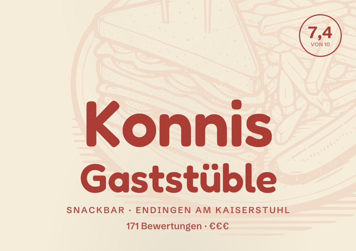 Illustriertes Poster von Konnis Gaststüble, Snackbar in Endingen am Kaiserstuhl: Bewertung 7,4 von 10 aus 171 Bewertungen, Preisniveau €€€