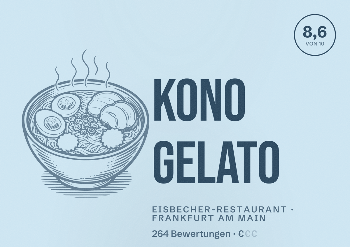 Illustriertes Poster von Kono Gelato, Eisbecher-Restaurant in Frankfurt am Main: Bewertung 8,6 von 10 aus 264 Bewertungen, Preisniveau €