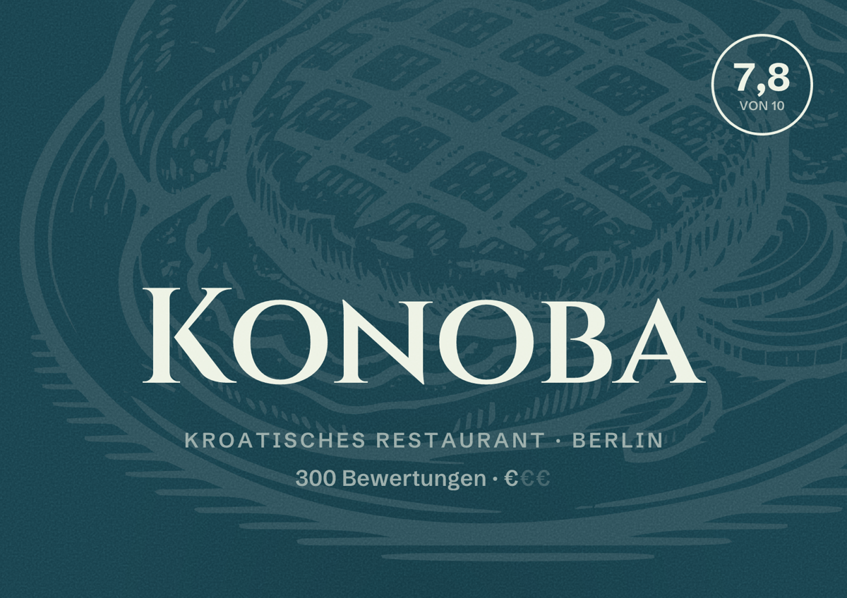 Illustriertes Poster von Konoba, Kroatisches Restaurant in Berlin: Bewertung 7,8 von 10 aus 300 Bewertungen, Preisniveau €