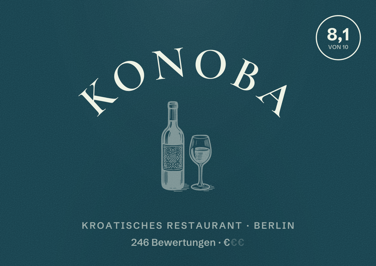 Illustriertes Poster von Konoba, Kroatisches Restaurant in Berlin: Bewertung 8,1 von 10 aus 246 Bewertungen, Preisniveau €