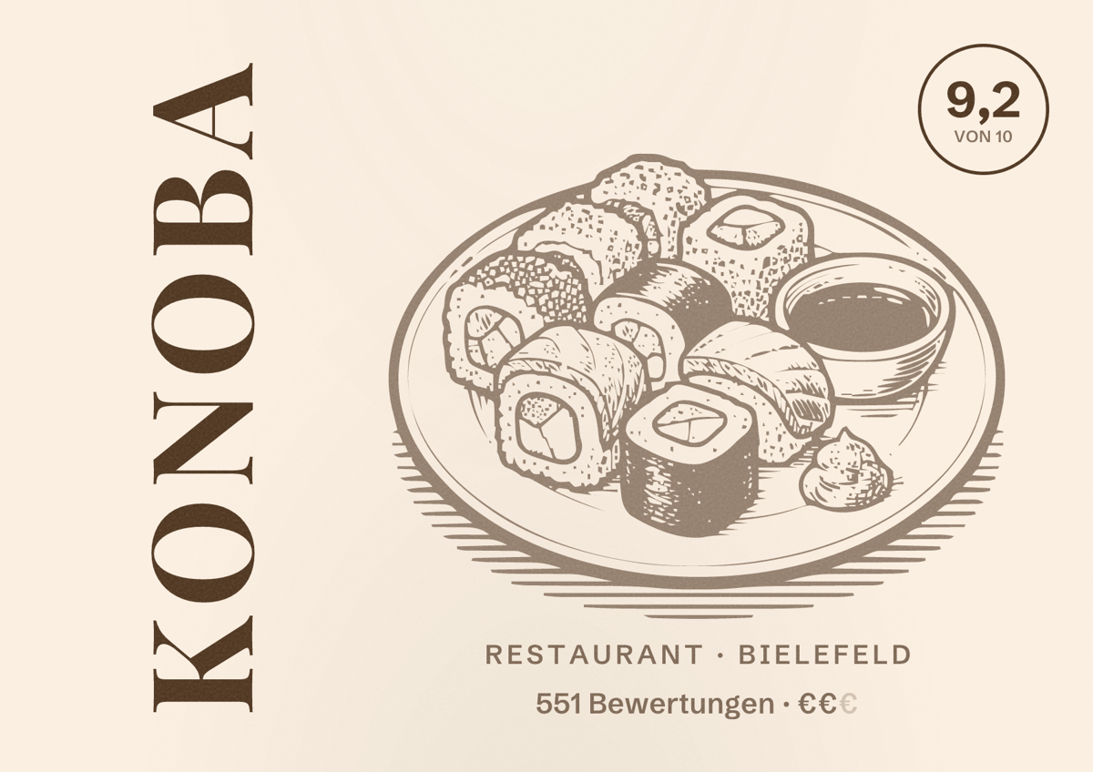 Illustriertes Poster von Konoba, Restaurant in Bielefeld: Bewertung 9,2 von 10 aus 551 Bewertungen, Preisniveau €€