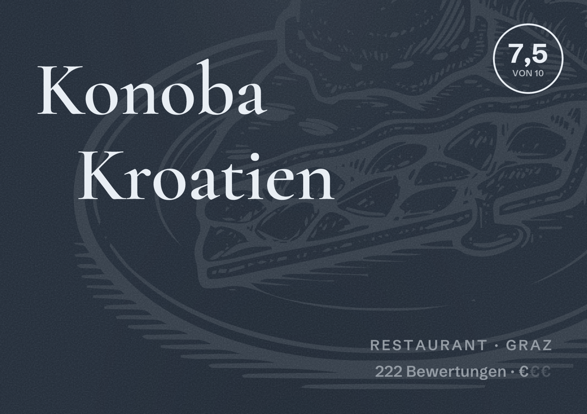 Illustriertes Poster von Konoba Kroatien, Restaurant in Graz: Bewertung 7,5 von 10 aus 222 Bewertungen, Preisniveau €