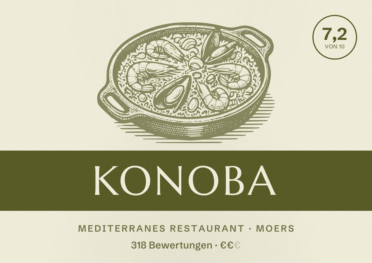 Illustriertes Poster von Konoba, Mediterranes Restaurant in Moers: Bewertung 7,2 von 10 aus 318 Bewertungen, Preisniveau €€