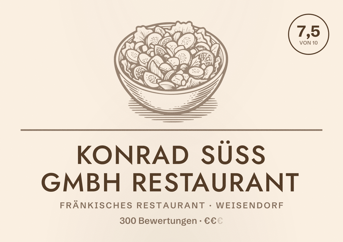 Illustriertes Poster von Konrad Süß GmbH Restaurant, Fränkisches Restaurant in Weisendorf: Bewertung 7,5 von 10 aus 300 Bewertungen, Preisniveau €€