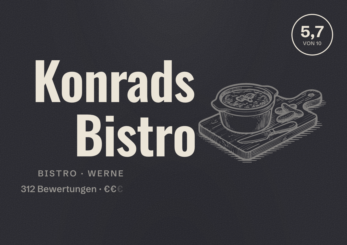 Illustriertes Poster von Konrads Bistro, Bistro in Werne: Bewertung 5,7 von 10 aus 312 Bewertungen, Preisniveau €€