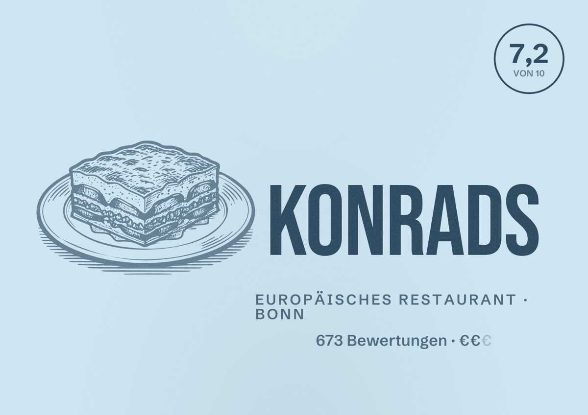 Illustriertes Poster von Konrads, Europäisches Restaurant in Bonn: Bewertung 7,2 von 10 aus 673 Bewertungen, Preisniveau €€