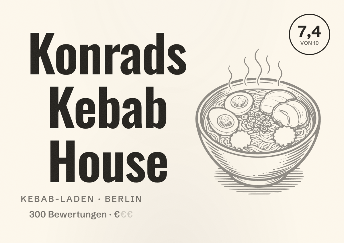 Illustriertes Poster von Konrads Kebab House, Kebab-Laden in Berlin: Bewertung 7,4 von 10 aus 300 Bewertungen, Preisniveau €