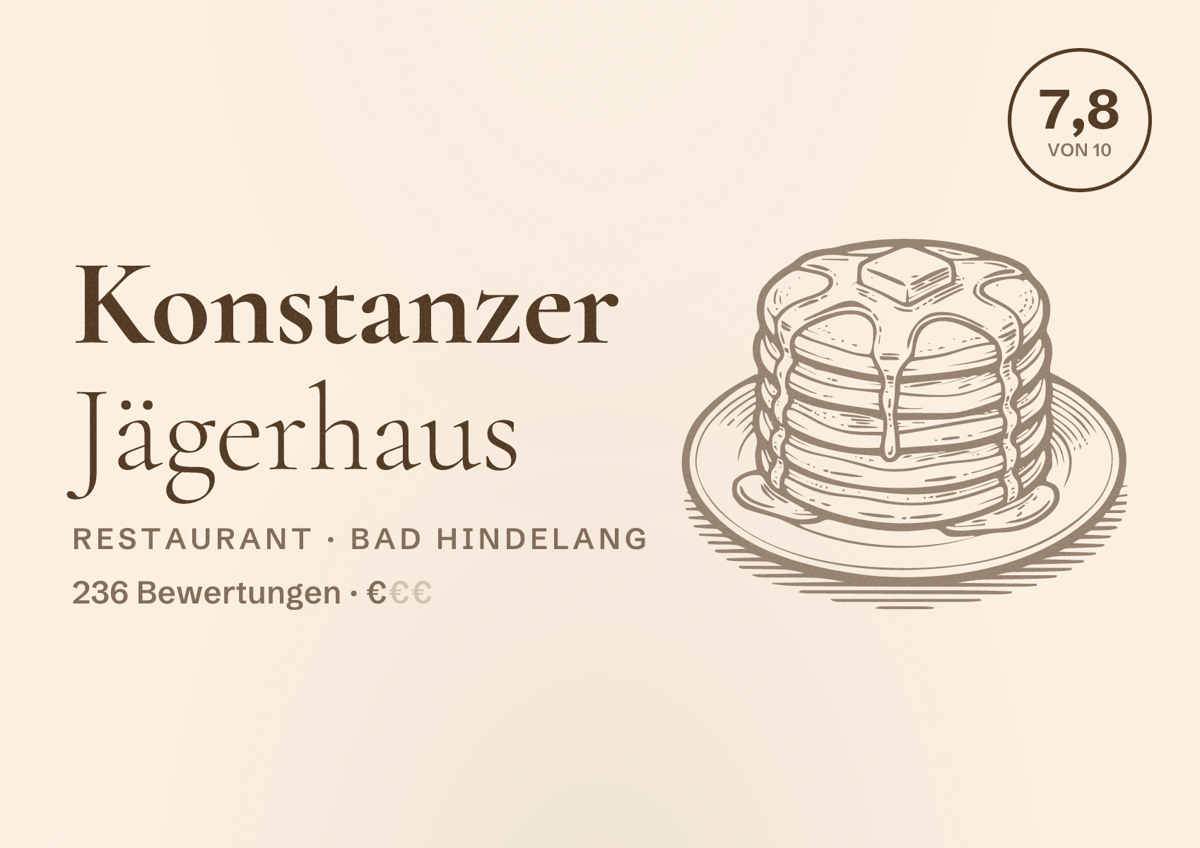 Illustriertes Poster von Konstanzer Jägerhaus, Restaurant in Bad Hindelang: Bewertung 7,8 von 10 aus 236 Bewertungen, Preisniveau €