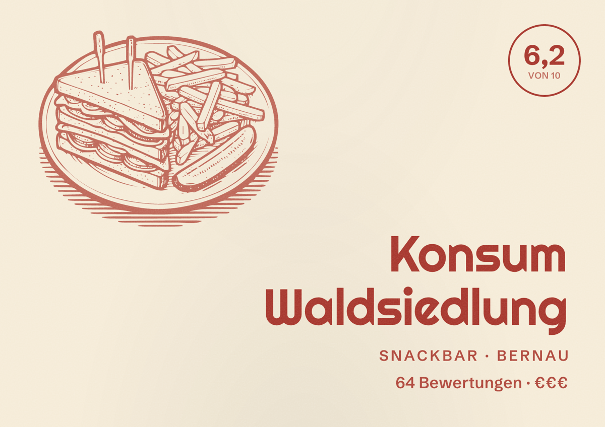 Illustriertes Poster von Konsum Waldsiedlung, Snackbar in Bernau: Bewertung 6,2 von 10 aus 64 Bewertungen, Preisniveau €€€