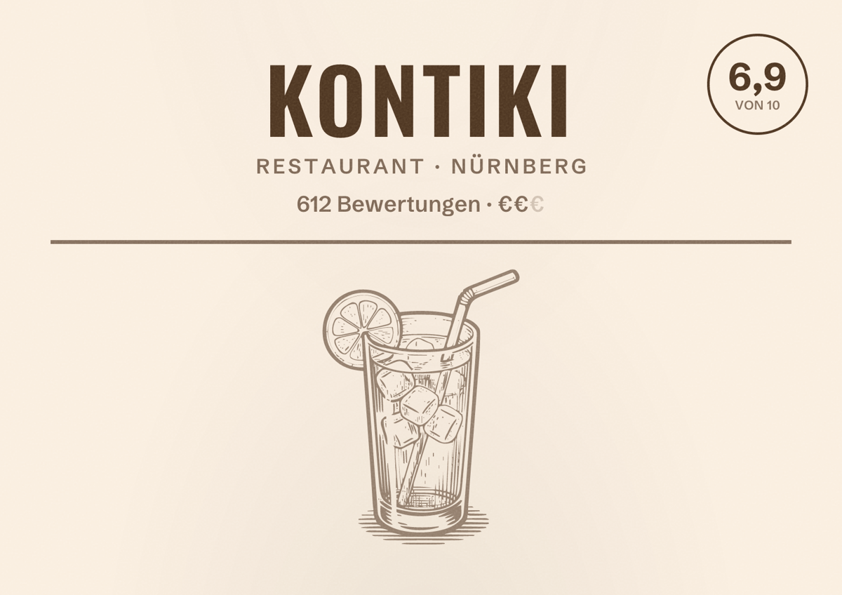 Illustriertes Poster von KonTiki, Restaurant in Nürnberg: Bewertung 6,9 von 10 aus 612 Bewertungen, Preisniveau €€