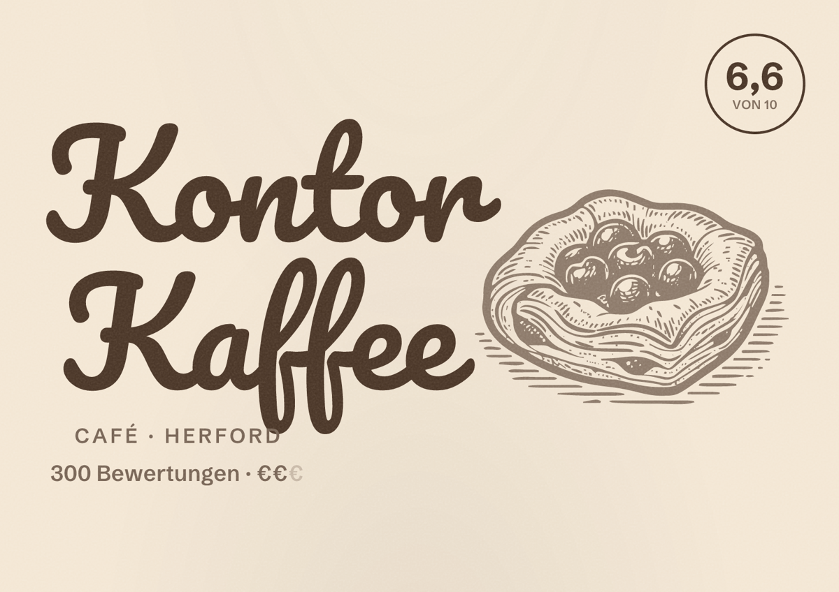 Illustriertes Poster von Kontor Kaffee, Café in Herford: Bewertung 6,6 von 10 aus 300 Bewertungen, Preisniveau €€