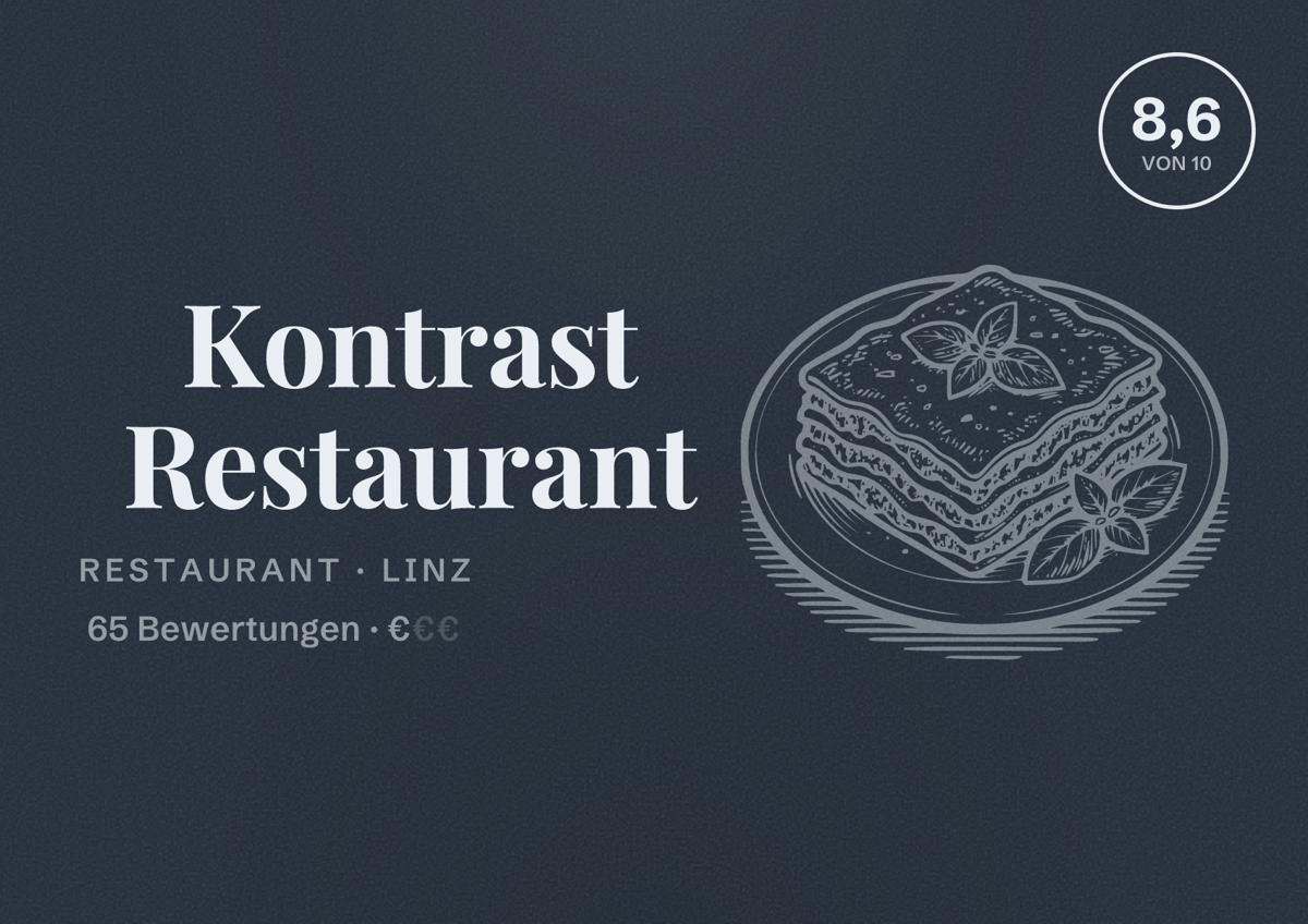 Illustriertes Poster von Kontrast Restaurant, Restaurant in Linz: Bewertung 8,6 von 10 aus 65 Bewertungen, Preisniveau €