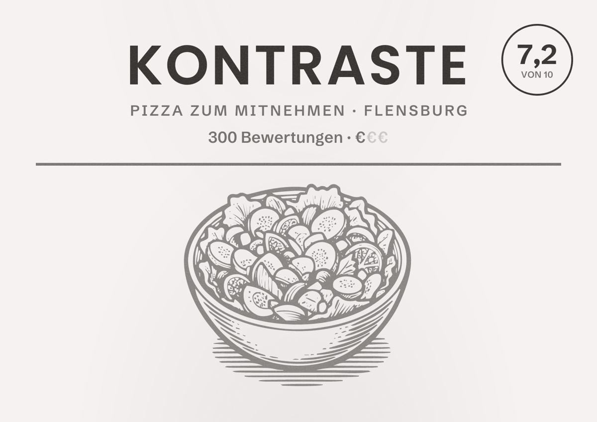Illustriertes Poster von Kontraste, Pizza zum Mitnehmen in Flensburg: Bewertung 7,2 von 10 aus 300 Bewertungen, Preisniveau €