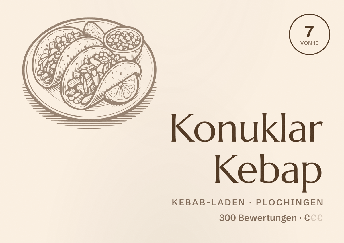 Illustriertes Poster von Konuklar Kebap, Kebab-Laden in Plochingen: Bewertung 7 von 10 aus 300 Bewertungen, Preisniveau €