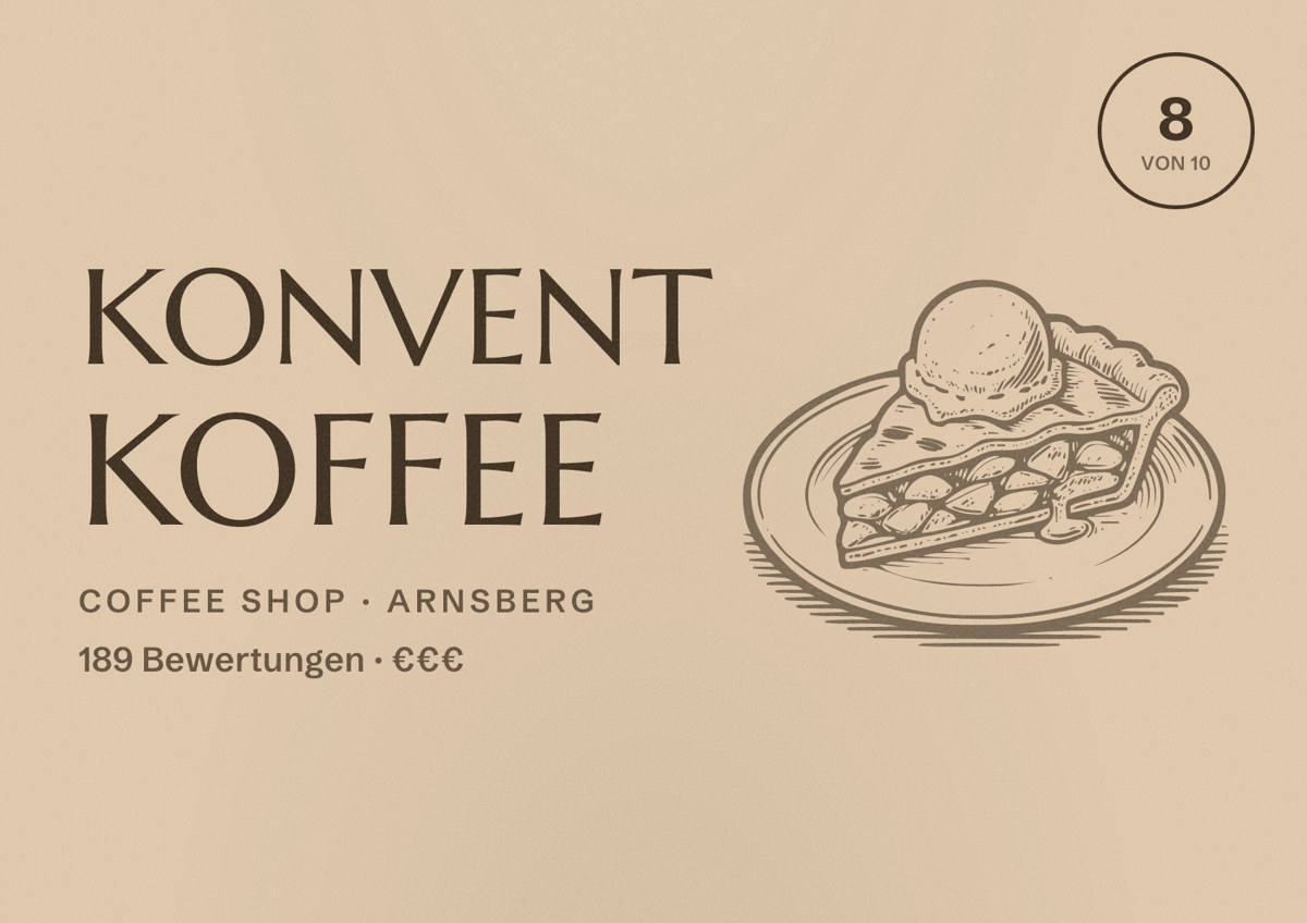 Illustriertes Poster von Konvent Koffee, Coffee Shop in Arnsberg: Bewertung 8 von 10 aus 189 Bewertungen, Preisniveau €€€