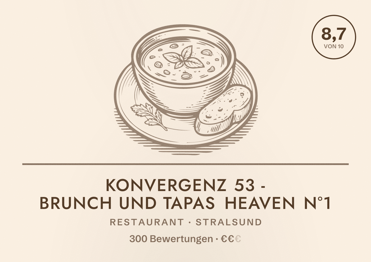 Illustriertes Poster von Konvergenz 53 - Brunch und Tapas Heaven N°1, Restaurant in Stralsund: Bewertung 8,7 von 10 aus 300 Bewertungen, Preisniveau €€
