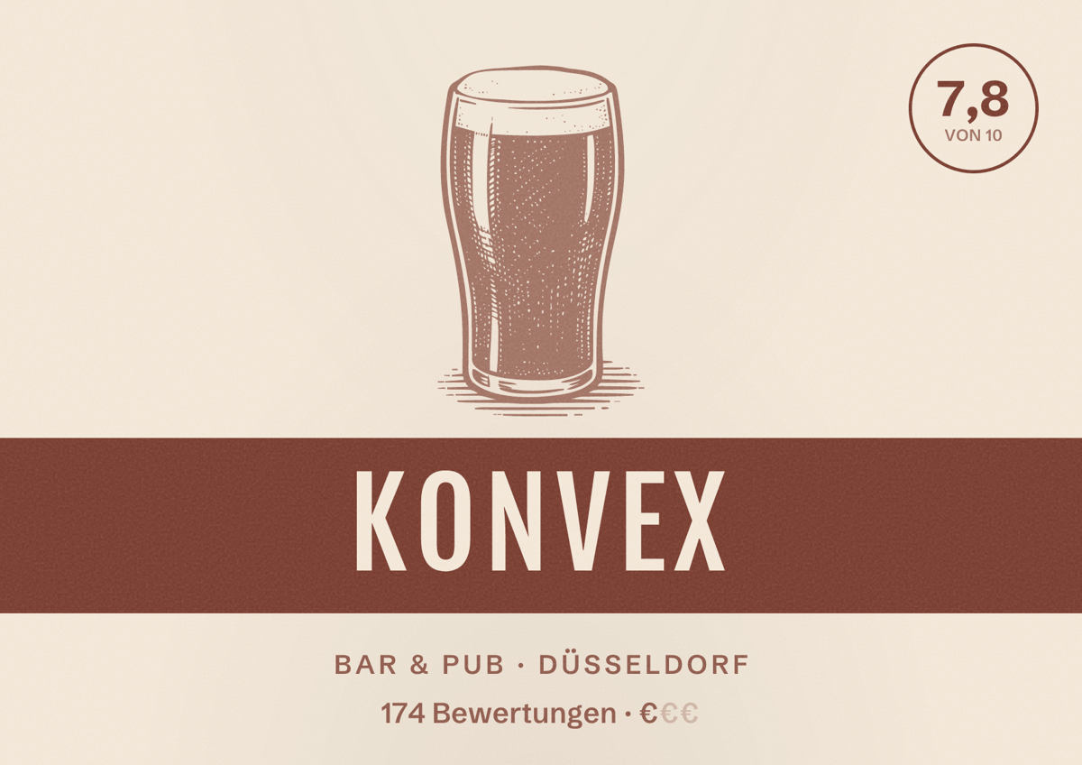Illustriertes Poster von Konvex, Bar & Pub in Düsseldorf: Bewertung 7,8 von 10 aus 174 Bewertungen, Preisniveau €