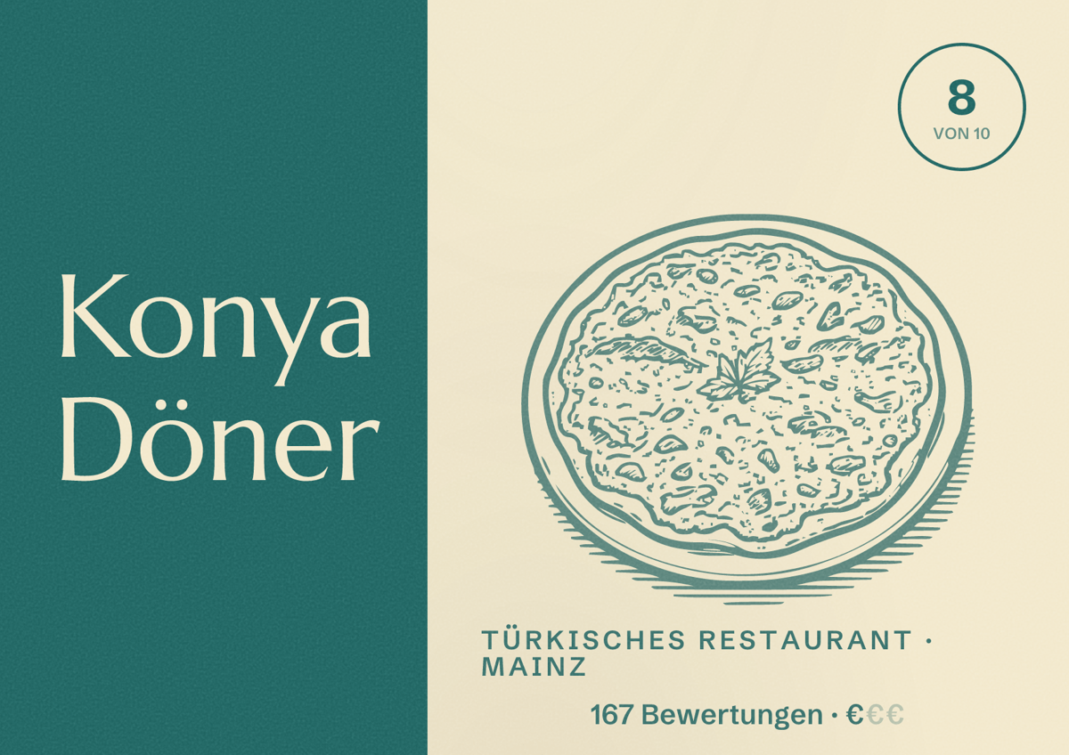 Illustriertes Poster von Konya Döner, Türkisches Restaurant in Mainz: Bewertung 8,0 von 10 aus 167 Bewertungen, Preisniveau €