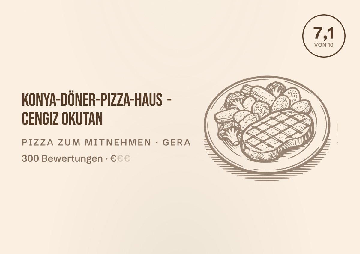 Illustriertes Poster von Konya-Döner-Pizza-Haus - Cengiz Okutan, Pizza zum Mitnehmen in Gera: Bewertung 7,1 von 10 aus 300 Bewertungen, Preisniveau €