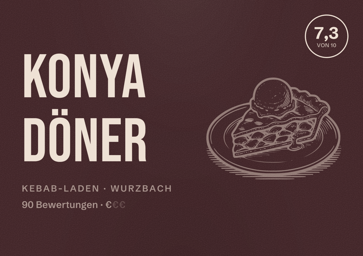 Illustriertes Poster von Konya Döner, Kebab-Laden in Wurzbach: Bewertung 7,3 von 10 aus 90 Bewertungen, Preisniveau €