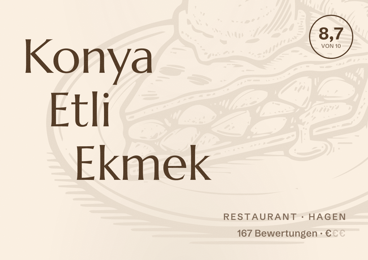 Illustriertes Poster von Konya Etli Ekmek, Restaurant in Hagen: Bewertung 8,7 von 10 aus 167 Bewertungen, Preisniveau €