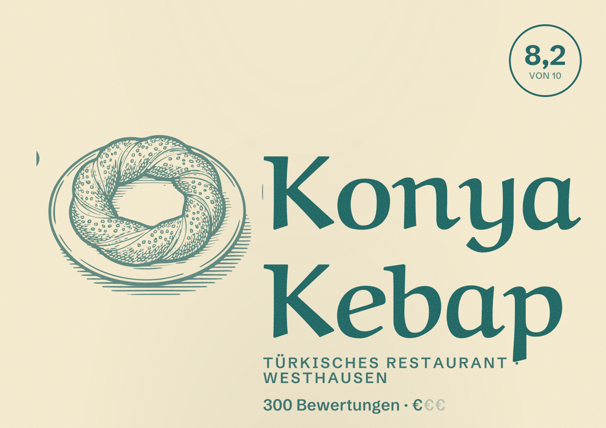 Illustriertes Poster von Konya Kebap, Türkisches Restaurant in Westhausen: Bewertung 8,2 von 10 aus 300 Bewertungen, Preisniveau €