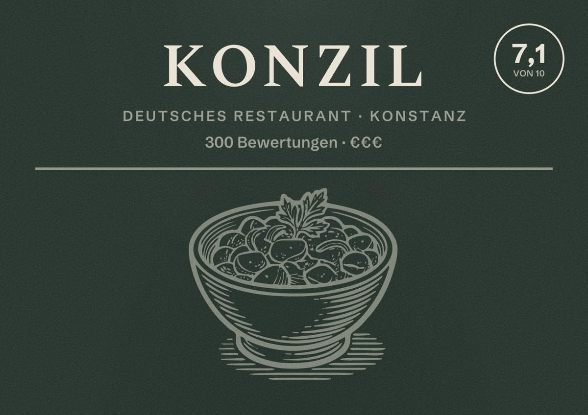 Illustriertes Poster von Konzil, Deutsches Restaurant in Konstanz: Bewertung 7,1 von 10 aus 300 Bewertungen, Preisniveau €€€