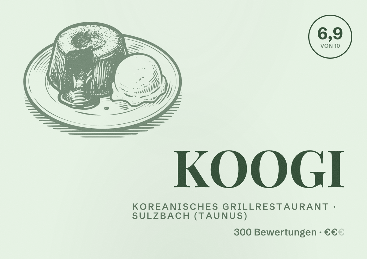 Illustriertes Poster von KOOGI, Koreanisches Grillrestaurant in Sulzbach (Taunus): Bewertung 6,9 von 10 aus 300 Bewertungen, Preisniveau €€