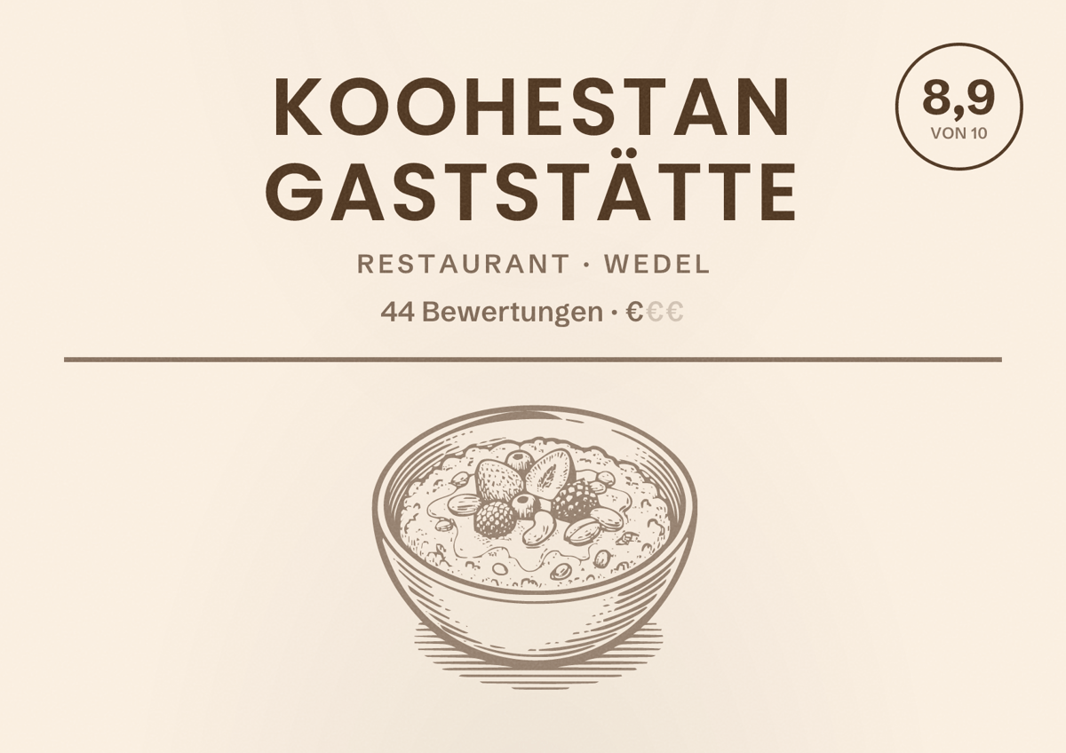 Illustriertes Poster von Koohestan Gaststätte, Restaurant in Wedel: Bewertung 8,9 von 10 aus 44 Bewertungen, Preisniveau €