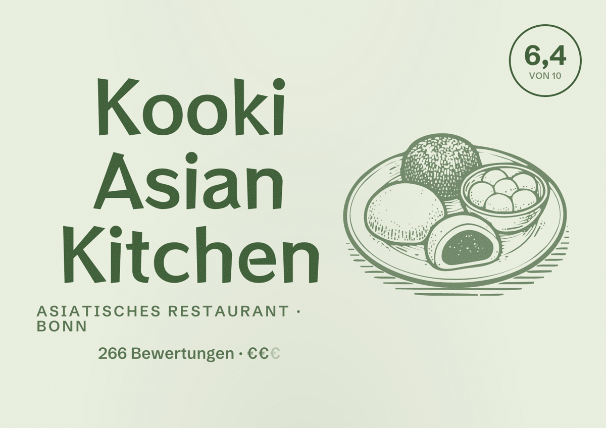 Illustriertes Poster von Kooki Asian Kitchen, Asiatisches Restaurant in Bonn: Bewertung 6,4 von 10 aus 266 Bewertungen, Preisniveau €€