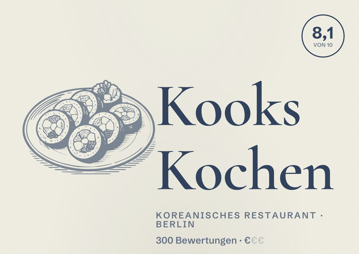Illustriertes Poster von Kooks Kochen, Koreanisches Restaurant in Berlin: Bewertung 8,1 von 10 aus 300 Bewertungen, Preisniveau €