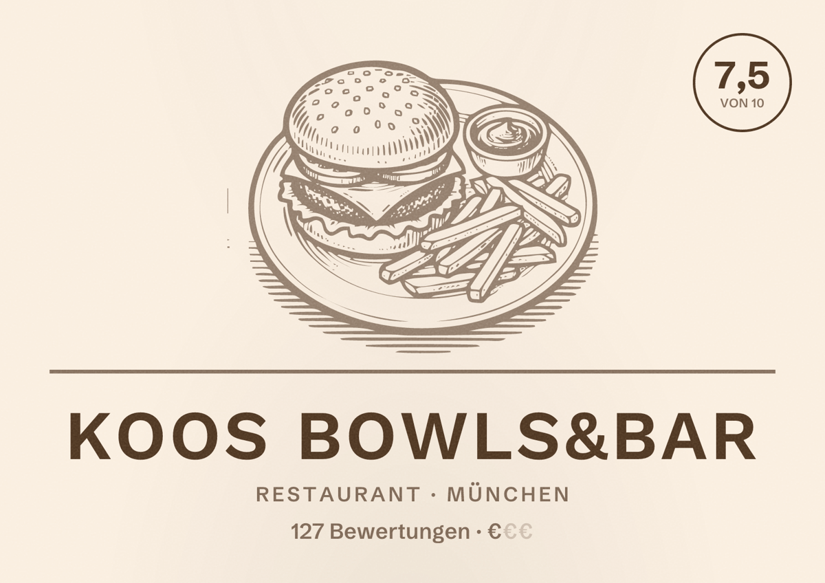 Illustriertes Poster von KOOS Bowls&Bar, Restaurant in München: Bewertung 7,5 von 10 aus 127 Bewertungen, Preisniveau €
