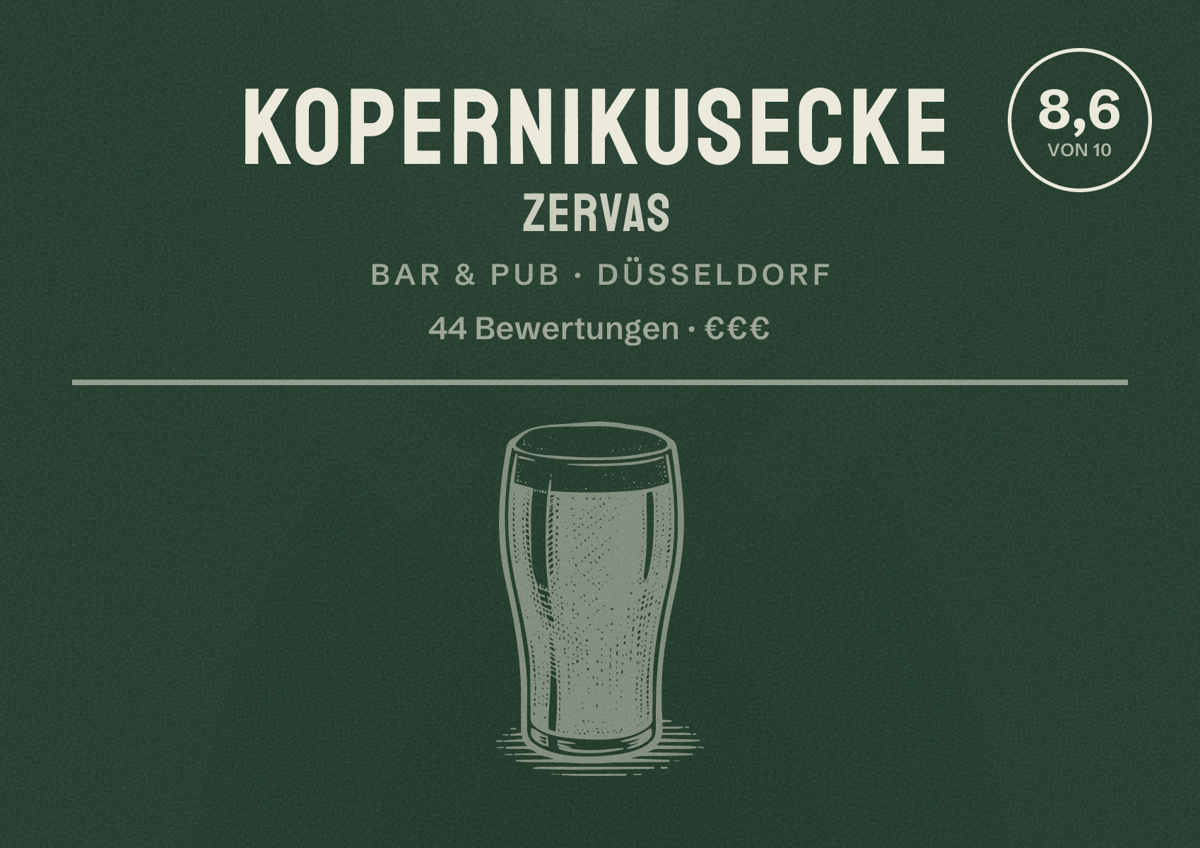 Illustriertes Poster von Kopernikusecke Zervas, Bar & Pub in Düsseldorf: Bewertung 8,6 von 10 aus 44 Bewertungen, Preisniveau €€€