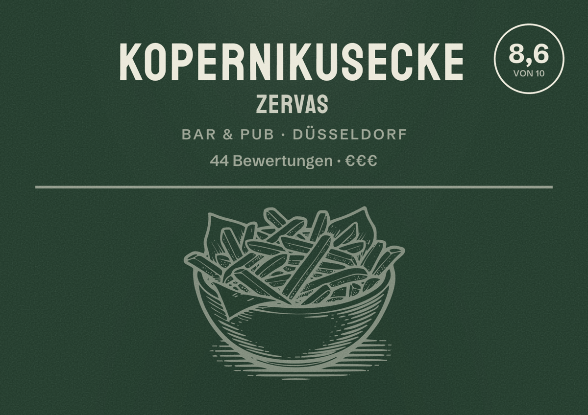 Illustriertes Poster von Kopernikusecke Zervas, Bar & Pub in Düsseldorf: Bewertung 8,6 von 10 aus 44 Bewertungen, Preisniveau €€€