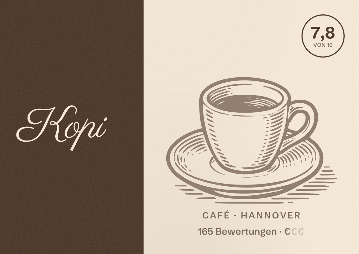Illustriertes Poster von Kopi, Café in Hannover: Bewertung 7,8 von 10 aus 165 Bewertungen, Preisniveau €