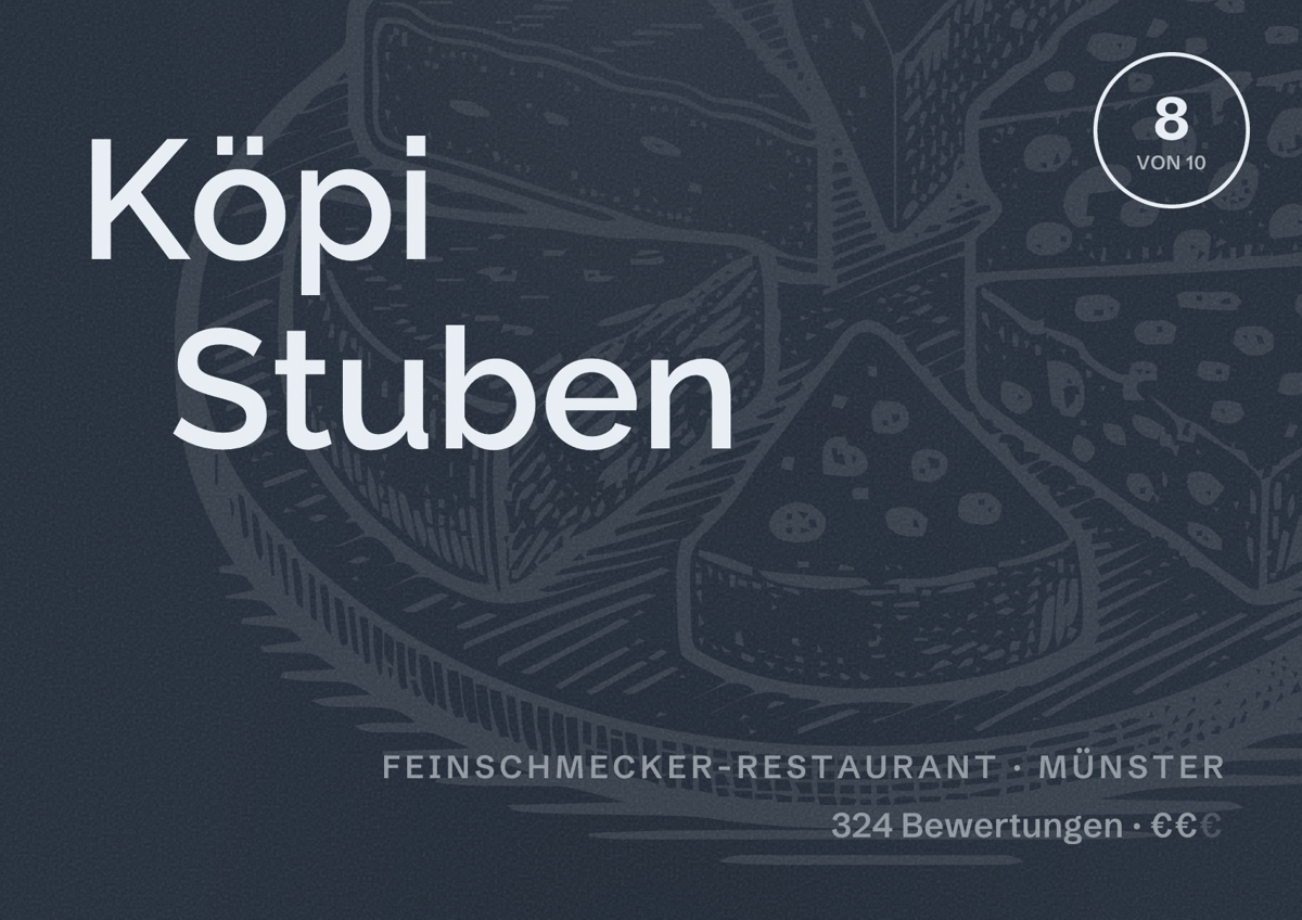 Illustriertes Poster von Köpi Stuben, Feinschmecker-Restaurant in Münster: Bewertung 8 von 10 aus 324 Bewertungen, Preisniveau €€