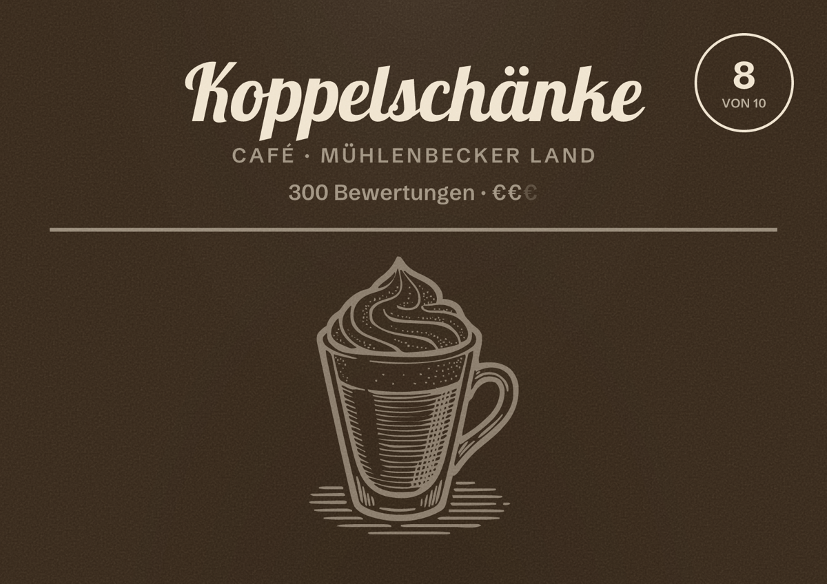 Illustriertes Poster von Koppelschänke, Café in Mühlenbecker Land: Bewertung 8 von 10 aus 300 Bewertungen, Preisniveau €€