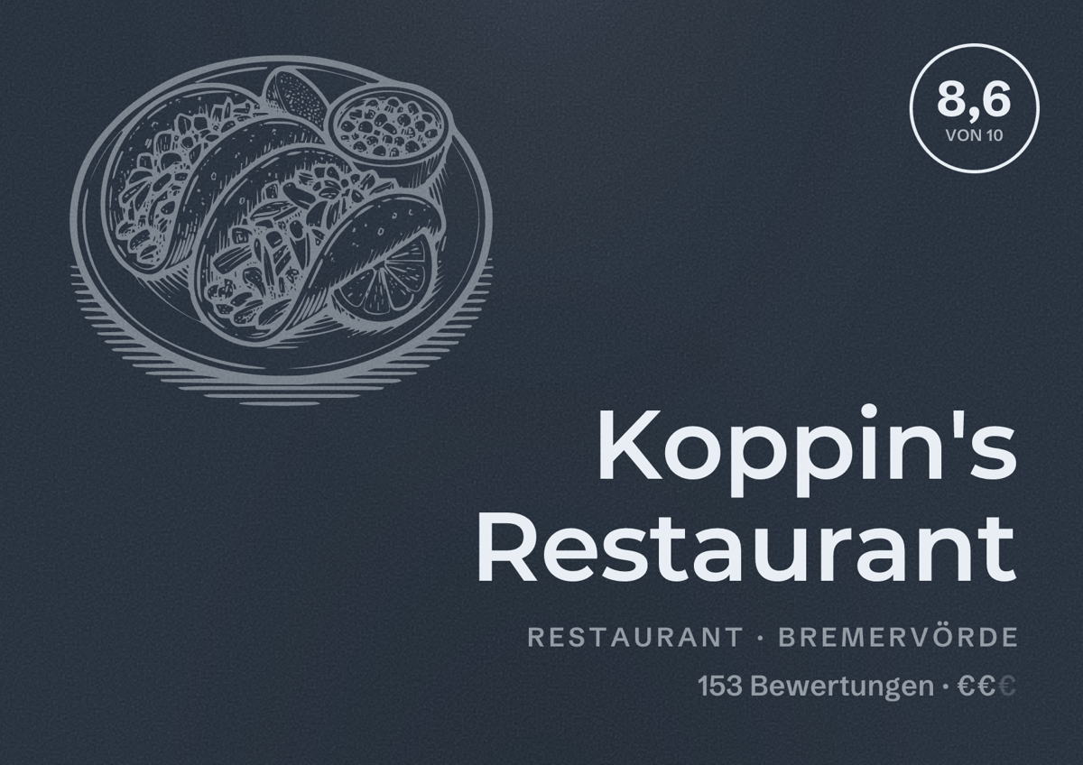 Illustriertes Poster von Koppin's Restaurant, Restaurant in Bremervörde: Bewertung 8,6 von 10 aus 153 Bewertungen, Preisniveau €€