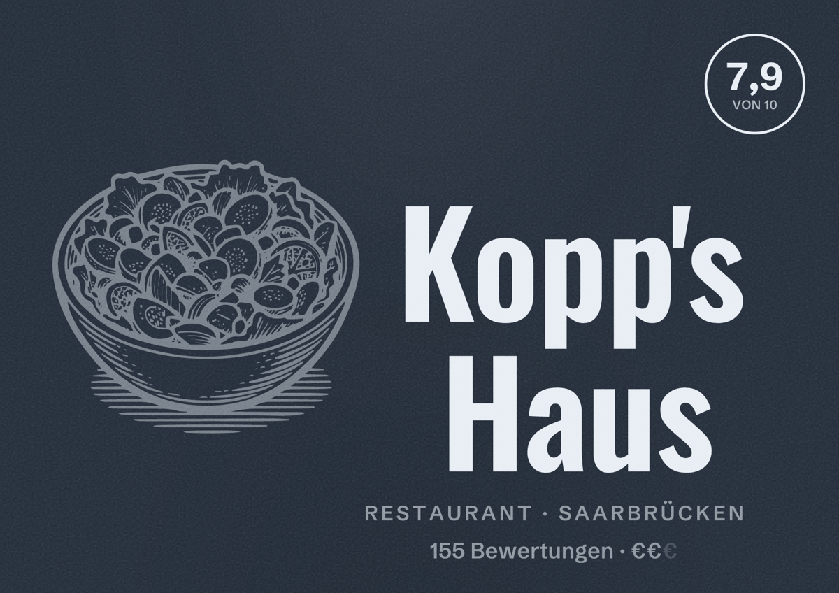 Illustriertes Poster von Kopp's Haus, Restaurant in Saarbrücken: Bewertung 7,9 von 10 aus 155 Bewertungen, Preisniveau €€