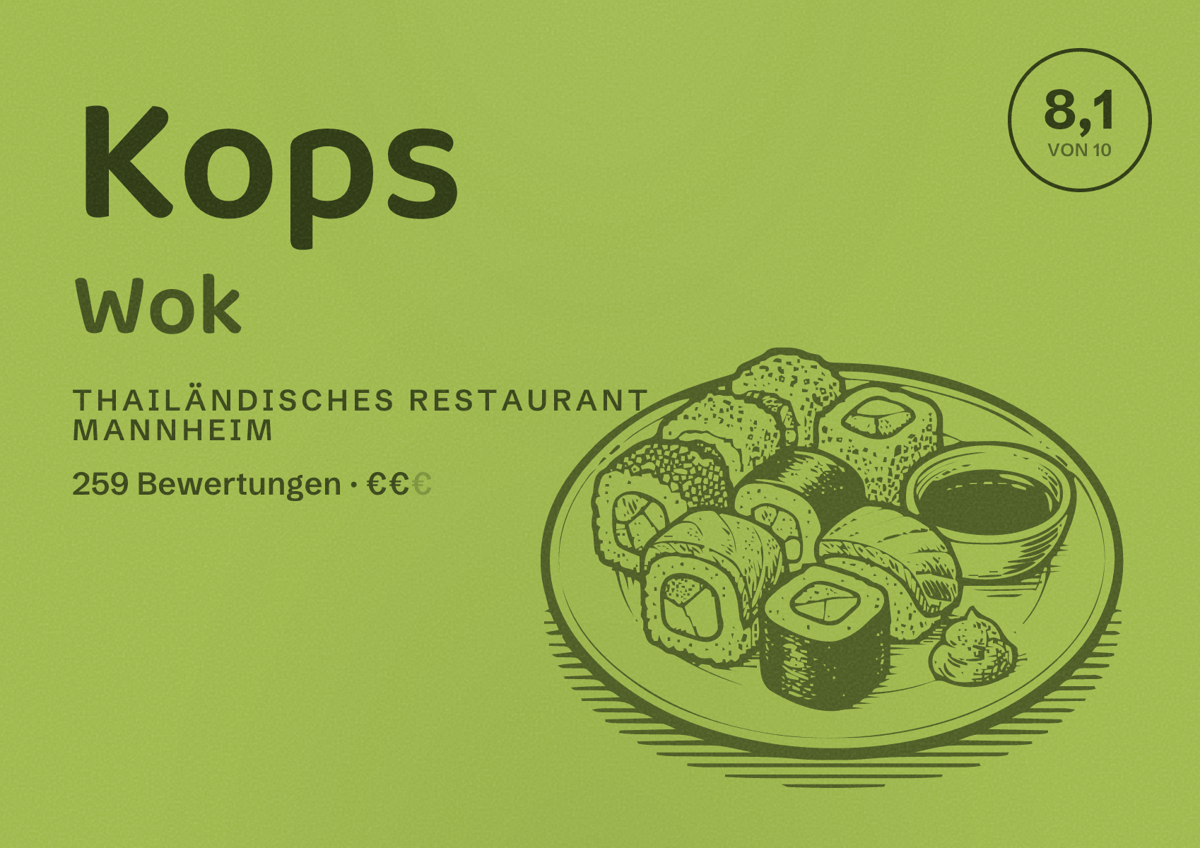 Illustriertes Poster von Kops Wok, Thailändisches Restaurant in Mannheim: Bewertung 8,1 von 10 aus 259 Bewertungen, Preisniveau €€