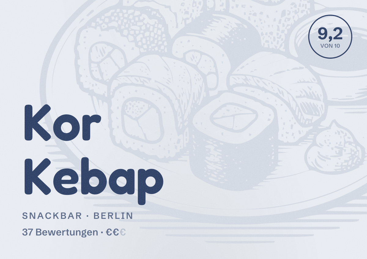Illustriertes Poster von Kor Kebap, Snackbar in Berlin: Bewertung 9,2 von 10 aus 37 Bewertungen, Preisniveau €€